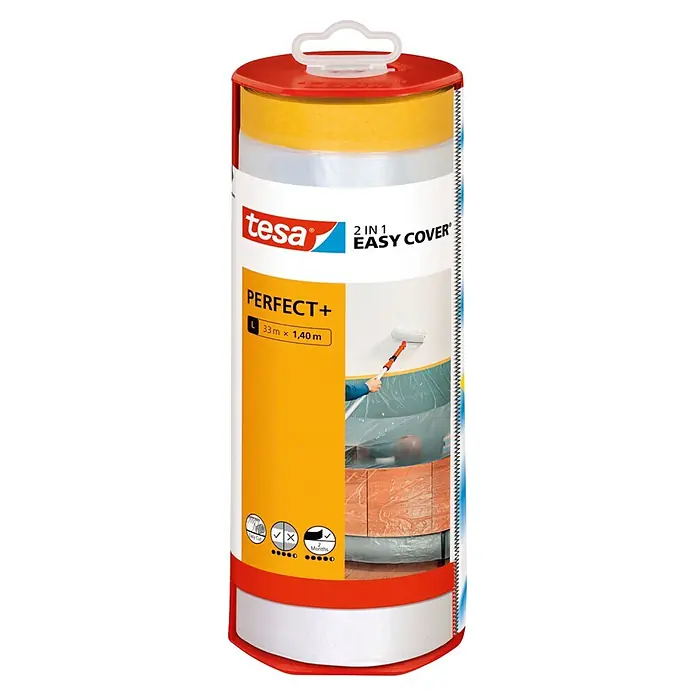 Tesa Abdeckfolie Easy Cover Perfect+ im Spender - L x B: 33 m x 140 cm - Tesa 2-in-1 Easy Cover Abdeckfolie mit integriertem gelbem Klebeband und transparenter Folie, 33m x 1.40m, zeigt Anwendung beim Streichen.