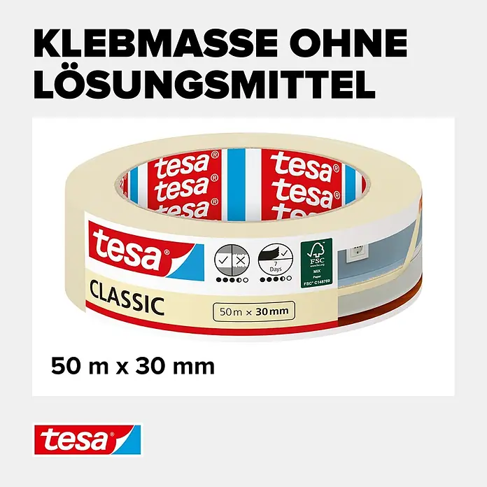 Tesa Classic Maler-Kreppband - 50 m x 30 mm - Beige tesa CLASSIC Abdeckbandrolle, lösungsmittelfrei, 50 m x 30 mm.