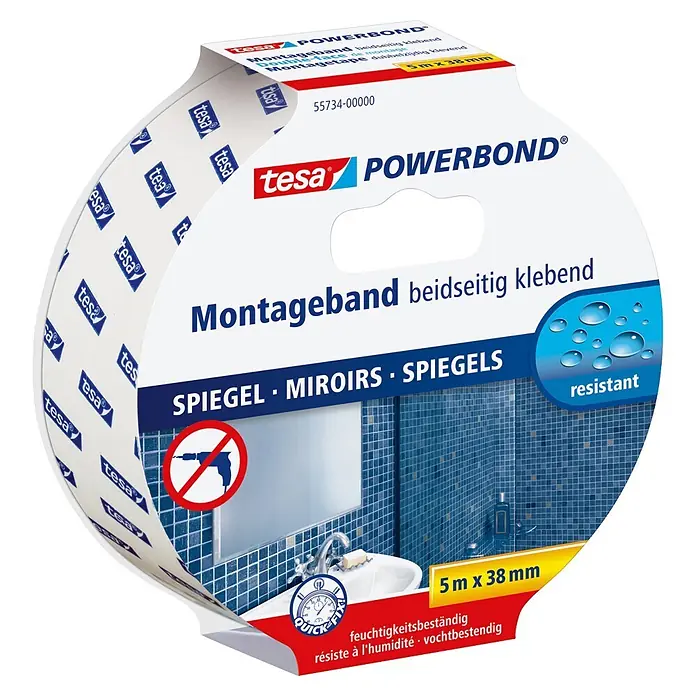 Tesa Powerbond Montageband Spiegel - 5 m x 38 mm - Tesa Powerbond doppelseitiges Montageband, feuchtigkeitsbeständig zur Spiegelmontage ohne Bohren, 5m x 38mm.