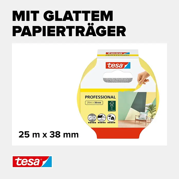 Tesa Profi-Malerband Innen - 25 m x 38 mm - Gelbes tesa PROFESSIONAL Abdeckband mit glattem Papierträger, 25 m x 38 mm.