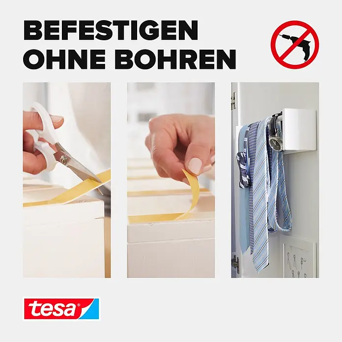 Tesa Powerbond Montageband - 2 Stk., L x B: 5 m x 9 mm - tesa Klebeband wird geschnitten und angebracht, demonstriert bohrfreie Montage für einen Krawattenhalter mit Krawatten.