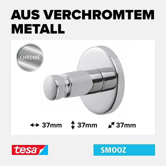 Tesa Smooz Handtuchhaken - Chrom, Glänzend - Chromfarbener Metallhaken, 37mm breit, 37mm hoch und 37mm tief.