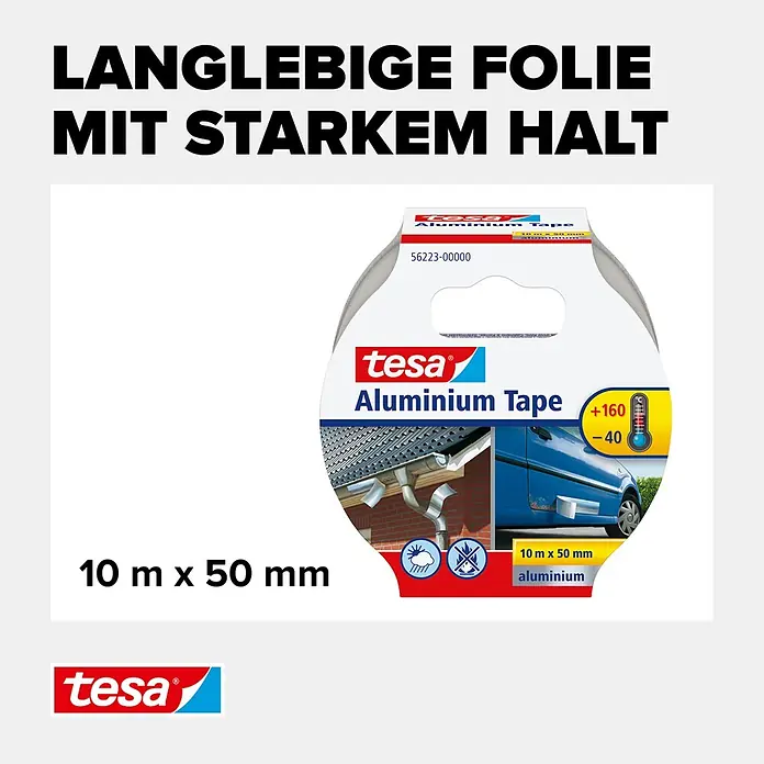 Tesa Aluminiumband - Silber, 10 m x 50 mm - tesa Aluminium-Klebeband, 10 m x 50 mm, für dauerhafte Reparaturen mit starkem, temperaturbeständigem Halt.