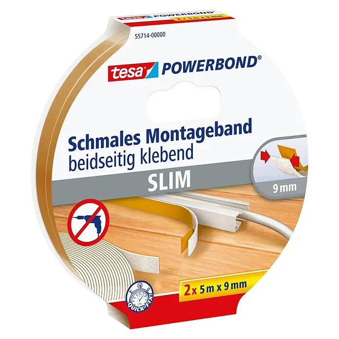Tesa Powerbond Montageband - 2 Stk., L x B: 5 m x 9 mm - Tesa Powerbond Slim doppelseitiges Montageband, 9mm breit, 2x5m, mit Quick-Fix und Bohren-Verboten-Symbolen.