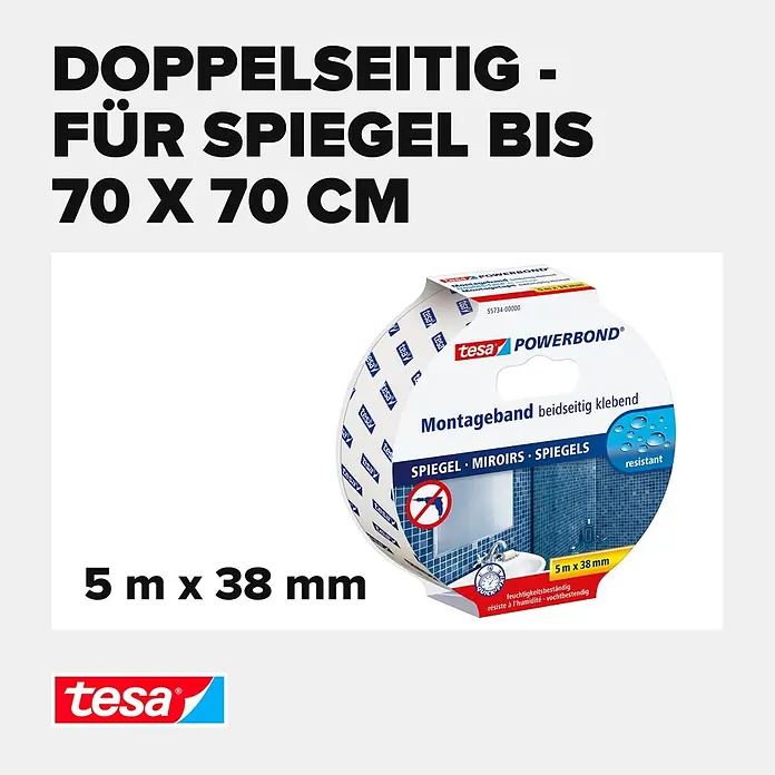 Tesa Powerbond Montageband Spiegel - 5 m x 38 mm - tesa POWERBOND Spiegel-Montageband, doppelseitig klebend, feuchtigkeitsbeständig. Für Spiegel bis 70x70 cm, 5 m x 38 mm.