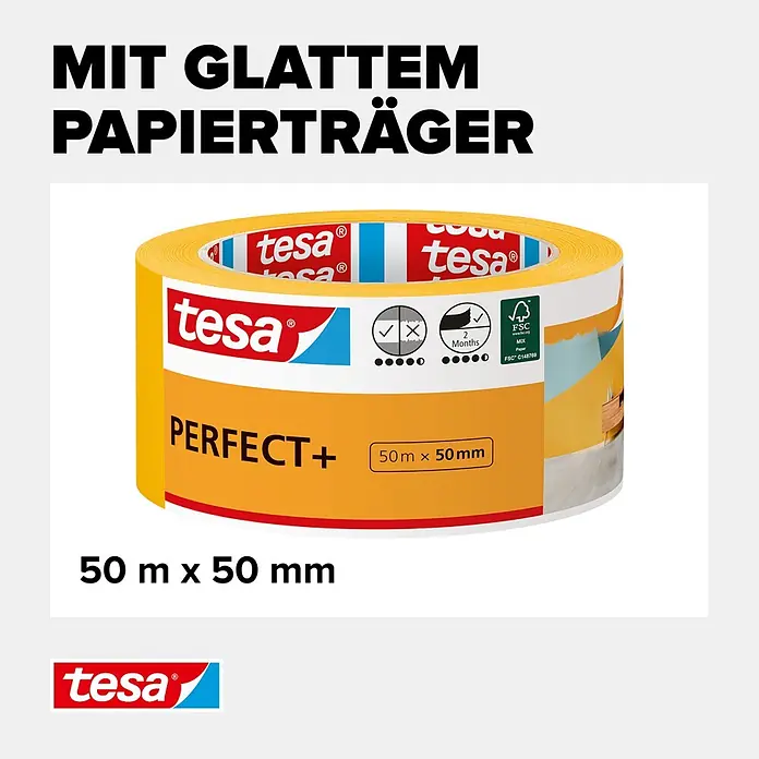 Tesa Malerband Perfect+ - 50 m x 50 mm - Tesa PERFECT+ gelbes Abdeckband mit glattem Papierträger, 50 m x 50 mm.