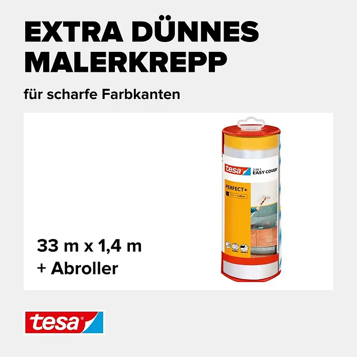 Tesa Abdeckfolie Easy Cover Perfect+ im Spender - L x B: 33 m x 140 cm - Tesa Easy Cover Malerkrepp mit integrierter Folie und rotem Abroller, 33m x 1,4m, für scharfe Farbkanten.