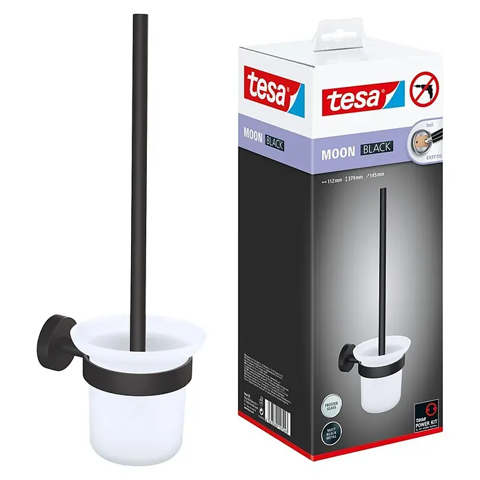 Tesa Moon WC-Bürstengarnitur - Mit Halterung, Metall, Schwarz - Tesa Moon Black Toilettenbürste mit matt-schwarzer Halterung und mattiertem Glasbecher.
