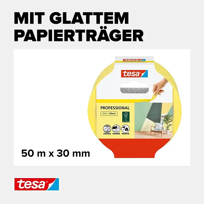 Tesa Malerband Professional - 50 m x 30 mm - Tesa PROFESSIONAL gelbes Abdeckband mit glattem Papierträger, 50m x 30mm.