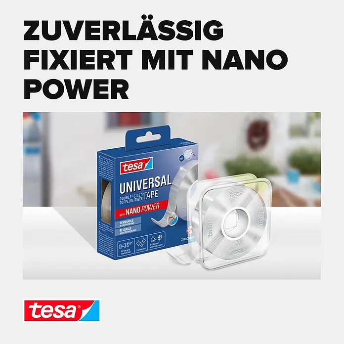 Tesa Doppelseitiges Klebeband Universal Tape with Nano Power - 3 m x 30 mm - Tesa Universal doppelseitiges Klebeband mit Nano Power in transparentem Spender und blauer Verpackung.
