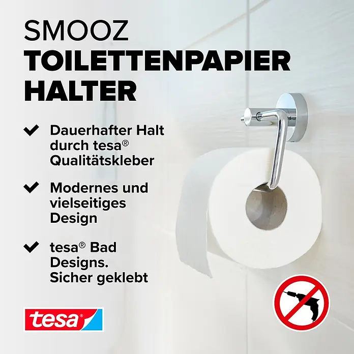 Tesa Smooz Toilettenpapierhalter - Ohne Deckel, Chrom, Glänzend - Chromfarbener Toilettenpapierhalter mit Rolle auf Fliesenwand, hervorhebend bohrfreie Klebemontage.