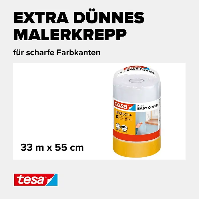 Tesa Abdeckfolie Easy Cover Perfect+ - L x B: 33 m x 55 cm - Tesa 2-in-1 gelbes Malerkrepp mit integrierter Abdeckfolie, 33m x 55cm, für scharfe Farbkanten.