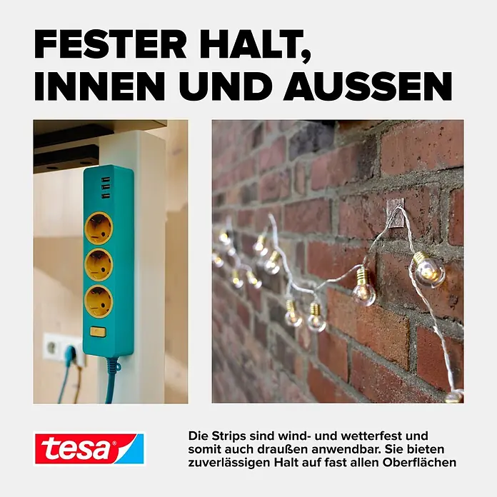 Tesa Doppelseitiges Klebeband Universal Tape with Nano Power - 3 m x 30 mm - Tesa Klebestreifen halten eine türkise Steckerleiste drinnen und Lichterketten draußen an einer Ziegelwand fest.