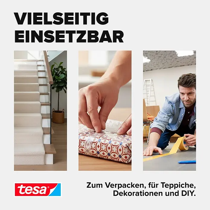 Tesa Doppelseitiges Klebeband Universal - 25 m x 50 mm - tesa Klebeband im vielseitigen Einsatz: zum Fixieren von Teppichen, Verpacken von Geschenken und für Heimwerkerarbeiten.