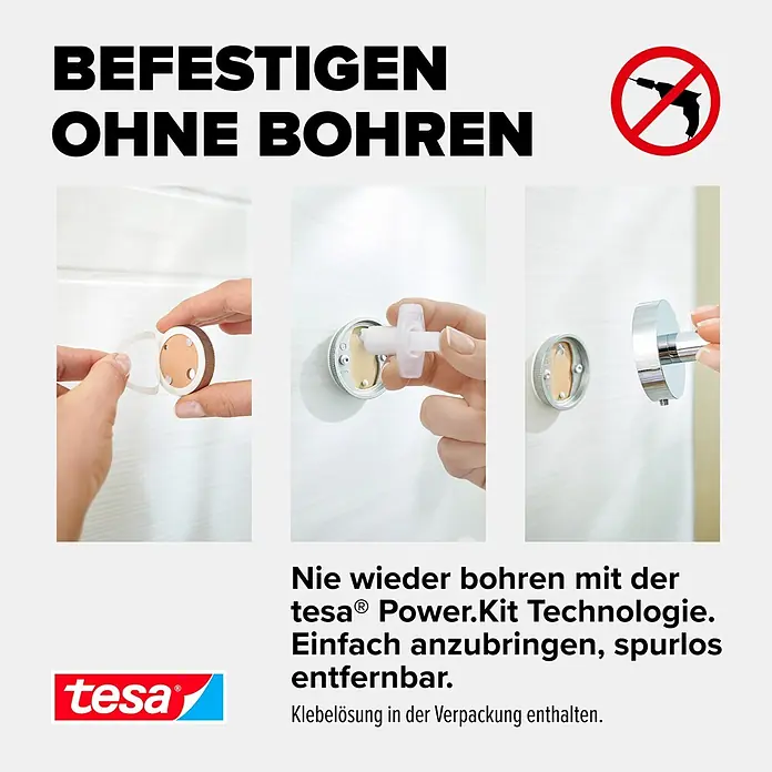 Tesa Smooz Toilettenpapierhalter - Ohne Deckel, Chrom, Glänzend - Installationsschritte für tesa Power.Kit Klebebefestigungssystem, bohrfrei und rückstandslos.