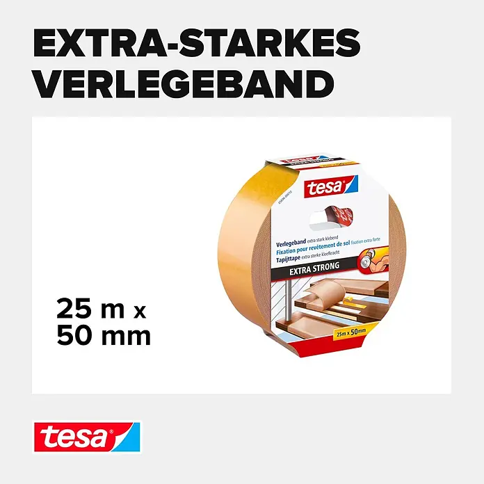 Tesa Verlegeband - 25 m x 50 mm, Beidseitig selbstklebend, Rückstandslos entfernbar, Geeignet für: Teppiche - Tesa extra starkes Verlegeband, braunes doppelseitiges Klebeband (25m x 50mm) zur Bodenbelagsfixierung, in Verpackung.