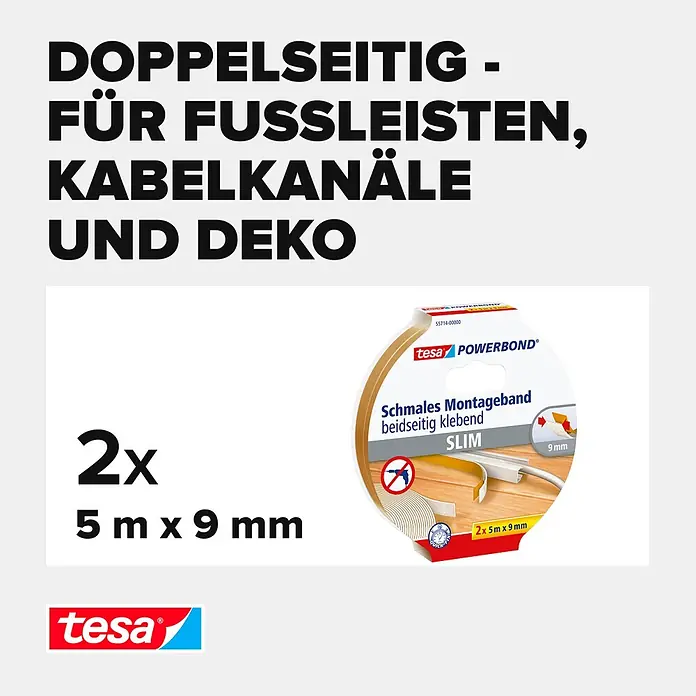 Tesa Powerbond Montageband - 2 Stk., L x B: 5 m x 9 mm - tesa POWERBOND schmales, doppelseitiges Klebeband für Fußleisten, Kabelkanäle und Deko, 2x 5m x 9mm.