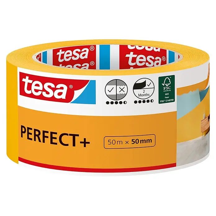 Tesa Malerband Perfect+ - 50 m x 50 mm - Gelbe Tesa PERFECT+ Abdeckbandrolle, 50m x 50mm, ideal für präzise Malerarbeiten, mit Qualitäts- und Anwendungssymbolen auf dem Etikett.