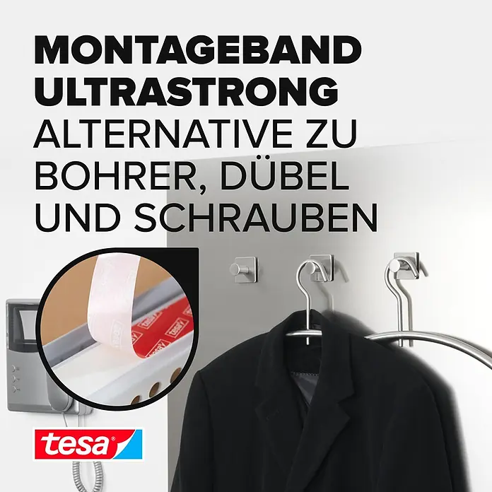 Tesa Powerbond Montageband Ultra Strong - 5 m x 19 mm - Tesa ultrastarkes Montageband, eine bohrfreie Alternative zum Befestigen von Gegenständen wie einer Garderobe.