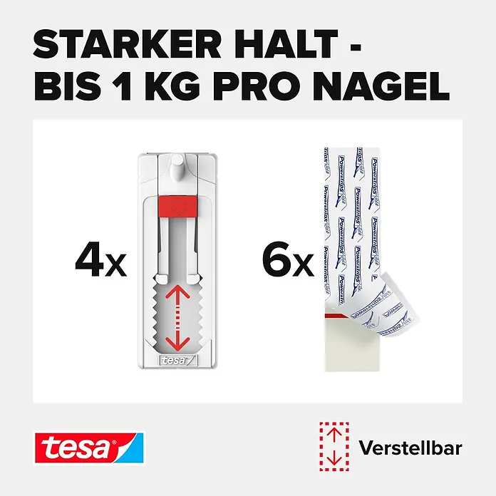 Tesa Verstellbarer Klebenagel - Geeignet für: Tapeten, Belastbarkeit: 1 kg, Weiß, 4 Stk. - Tesa Powerstrips Set mit 4 verstellbaren weißen Klebenägeln und 6 Klebestreifen, bis 1 kg Haltekraft pro Nagel.
