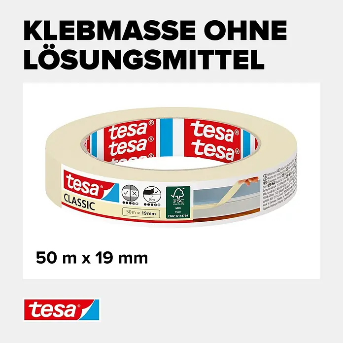 Tesa Classic Maler-Kreppband - 50 m x 19 mm - Eine Rolle beiges tesa Classic Malerband, 50m x 19mm, lösungsmittelfrei und FSC-zertifiziert.