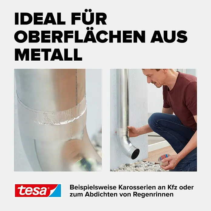 Tesa Aluminiumband - Silber, 10 m x 50 mm - Tesa Aluminiumband dichtet ein Metallrohr ab. Ideal für Metalloberflächen wie Kfz-Karosserien oder Regenrinnen.