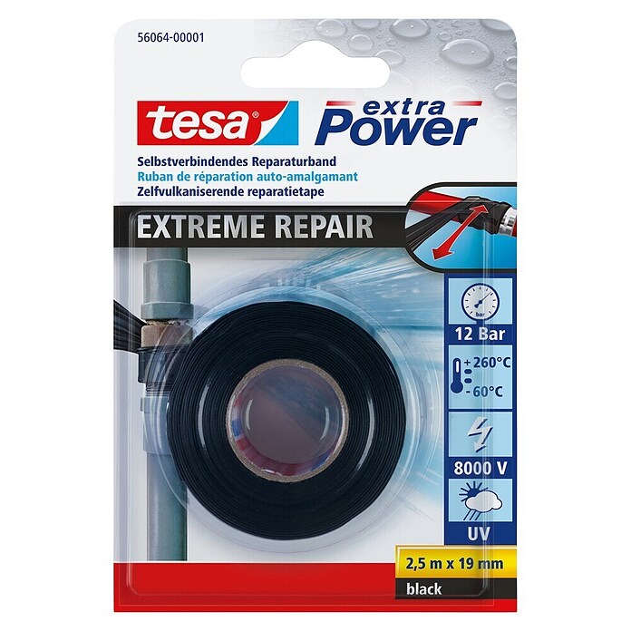 tesa Extra Power Reparaturband Extreme Repair (2,5 m x 19 mm, Schwarz, Selbstverschweißend)