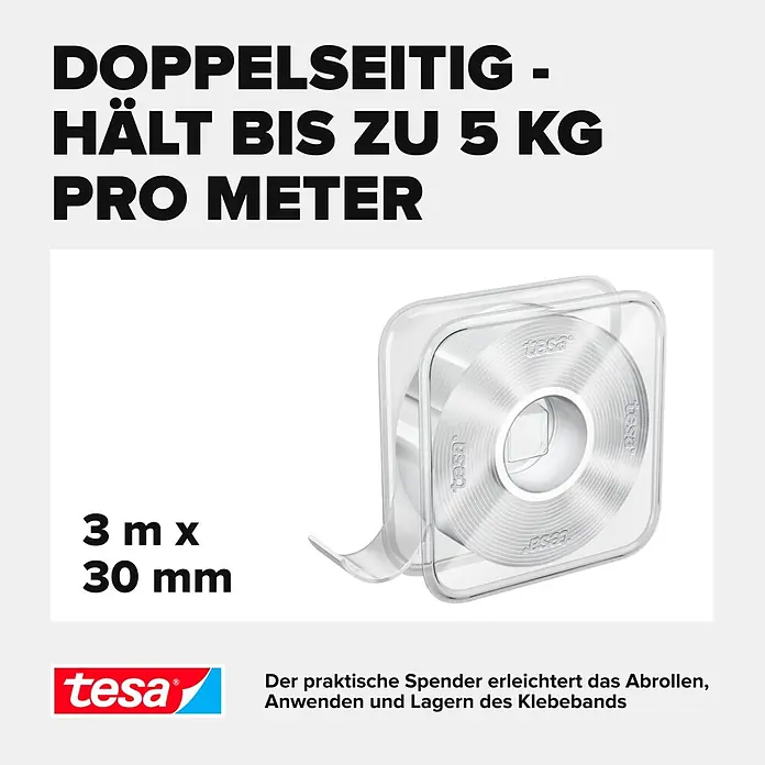 Tesa Doppelseitiges Klebeband Universal Tape with Nano Power - 3 m x 30 mm - Tesa doppelseitiges Klebeband (3m x 30mm) im transparenten Abroller.