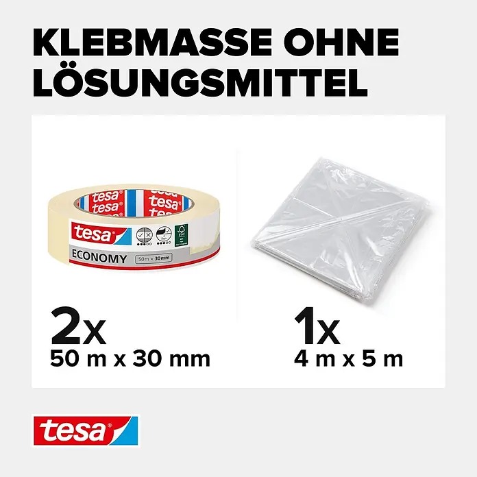 Tesa Kreppband & Abdeckfolie - 3 -tlg. - Zwei tesa Kreppbänder (50m x 30mm) und eine gefaltete transparente Plastikfolie (4m x 5m) mit lösungsmittelfreiem Klebstoff.