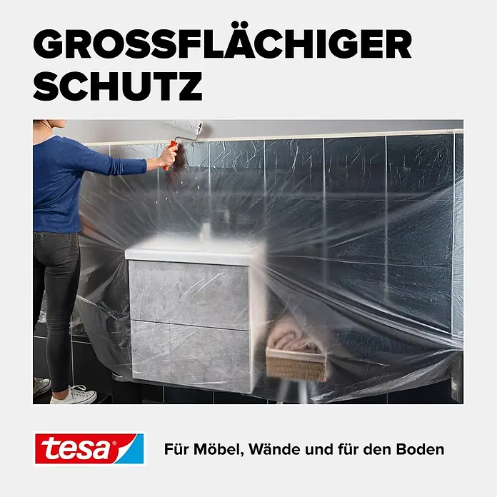 Tesa Abdeckfolie Easy Cover Economy - L x B: 33 m x 55 cm - Transparente tesa Schutzfolie schützt Badmöbel und Fliesen beim Streichen.