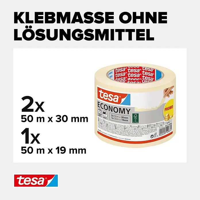 Tesa Maler-Kreppband-Set eco Universal Promopack - 3 -tlg. - tesa Economy lösungsmittelfreies Abdeckband Multipack: zwei 50m x 30mm Rollen und eine 50m x 19mm Rolle.