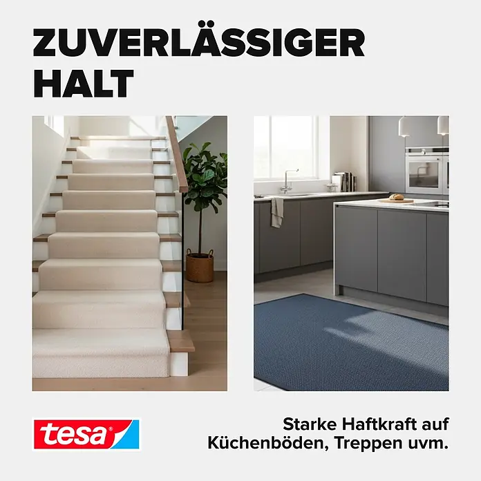 Tesa Verlegeband - 25 m x 50 mm, Beidseitig selbstklebend, Rückstandslos entfernbar, Geeignet für: Teppiche - Tesa Werbung zeigt starke Haftung für einen Teppichläufer auf Treppen und eine Fußmatte in einer modernen Küche.