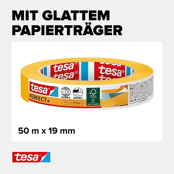 Tesa Malerband Perfect+ - 50 m x 19 mm - Gelbes tesa PERFECT+ Abdeckband mit glattem Papierträger, 50m x 19mm. FSC-zertifiziert.