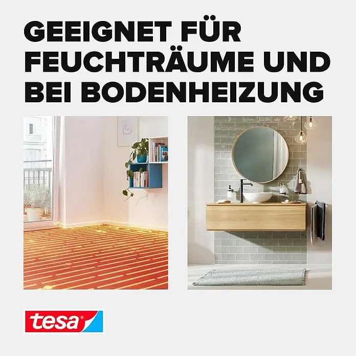 Tesa Verlegeband - 25 m x 50 mm, Beidseitig selbstklebend, Rückstandslos entfernbar, Geeignet für: Teppiche - Anwendung Tesa-Produkt: Geeignet für Feuchträume und Fußbodenheizung, dargestellt in Bad und Raum mit Heizelementen.