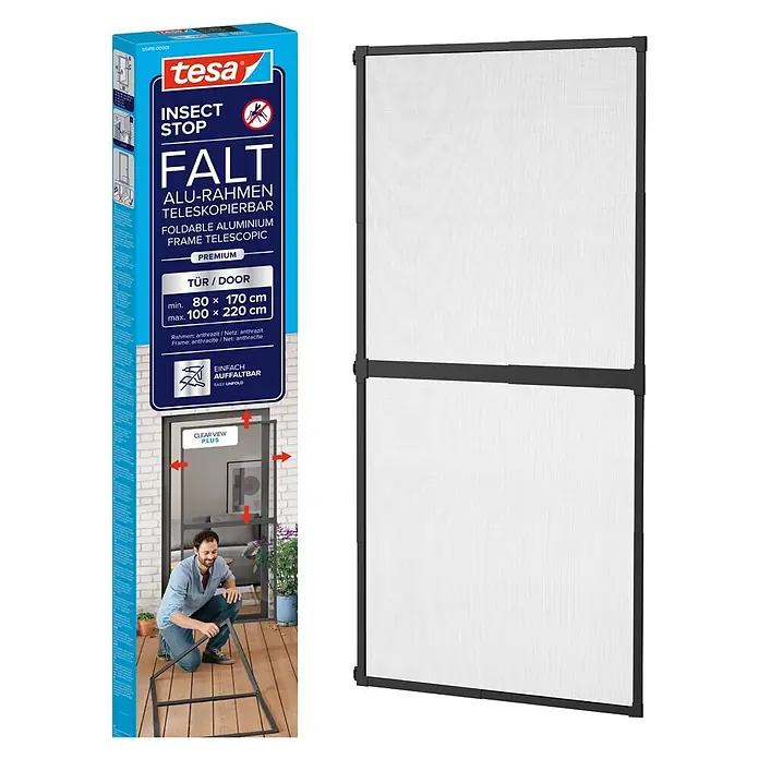 Tesa Puerta con protección contra insectos Falt - Antracita, Montaje de la mosquitera: Pinzas - Mosquitera de puerta tesa plegable y telescópica de aluminio color antracita, con su embalaje.