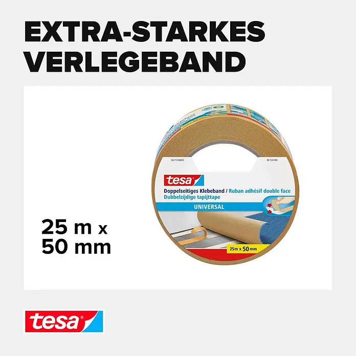 Tesa Doppelseitiges Klebeband Universal - 25 m x 50 mm - Rolle tesa extra-starkes, doppelseitiges braunes Klebeband, 25m x 50mm, zum Verlegen von Teppichen.