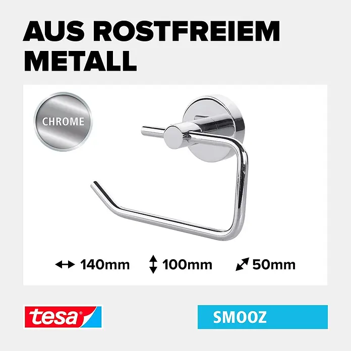 Tesa Smooz Toilettenpapierhalter - Ohne Deckel, Chrom, Glänzend - Tesa Smooz Toilettenpapierhalter aus verchromtem Edelstahl, 140x100x50mm.