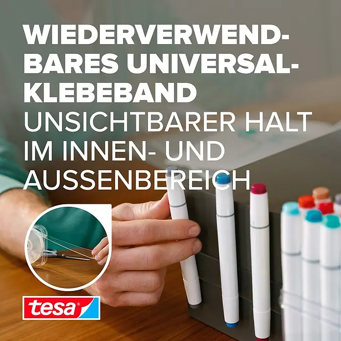Tesa Doppelseitiges Klebeband Universal Tape with Nano Power - 3 m x 30 mm - Transparentes, wiederverwendbares tesa Universal-Klebeband für unsichtbaren Halt innen und außen, in Anwendung gezeigt.