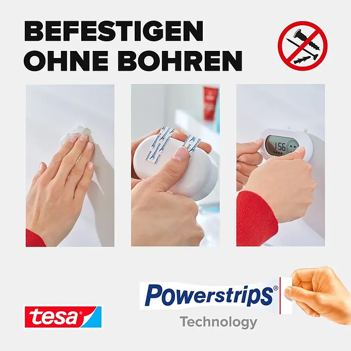 Tesa Powerstrips Selbstklebestrip Large - 10 Stk. - tesa Powerstrips: Hände kleben Klebestreifen auf einen Gegenstand und befestigen ihn bohrfrei an der Wand.