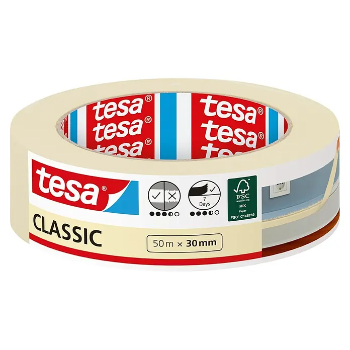 Tesa Classic Maler-Kreppband - 50 m x 30 mm - Rolle beiges Tesa Classic Abdeckband, 50m x 30mm, mit Logo und Produktinformationen.