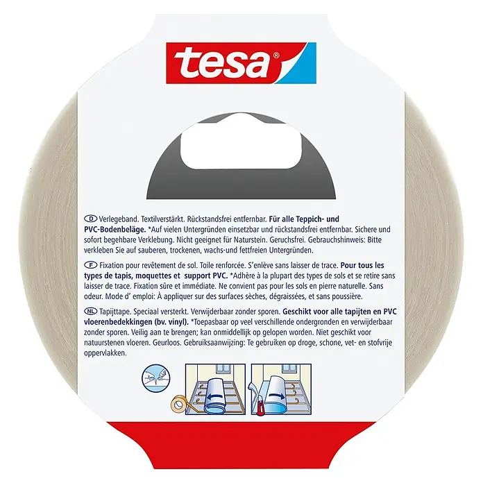 Tesa Verlegeband - 25 m x 50 mm, Beidseitig selbstklebend, Rückstandslos entfernbar, Geeignet für: Teppiche - Tesa hellbeiges, textilverstärktes Klebeband für Teppiche und PVC-Böden, als Rolle dargestellt.