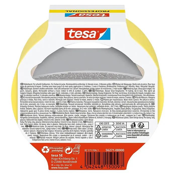 Tesa Profi-Malerband Innen - 25 m x 38 mm - Eine Rolle gelbes tesa Professional Malerband für scharfe Farbkanten und rückstandslose Entfernung.