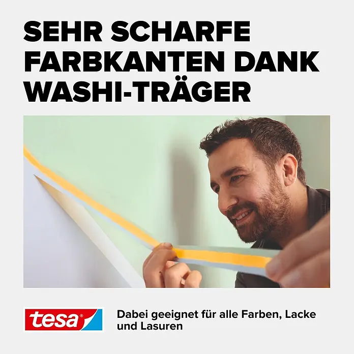 Tesa Malerband Perfect+ - 50 m x 30 mm - Mann zieht gelbes tesa Washi-Kreppband ab, für scharfe Farbkanten. Geeignet für alle Farben.