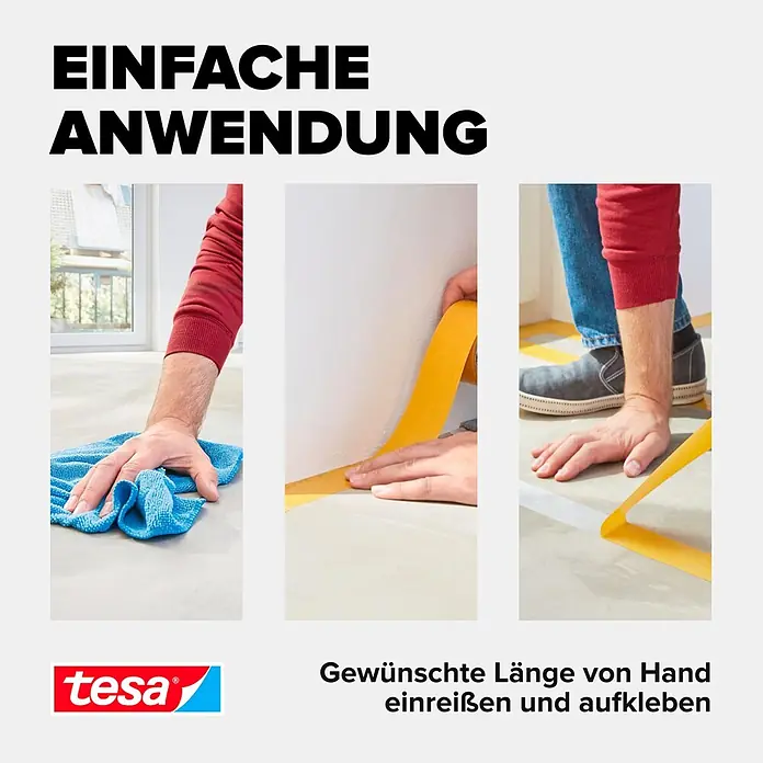 Tesa Verlegeband - 25 m x 50 mm, Beidseitig selbstklebend, Rückstandslos entfernbar, Geeignet für: Teppiche - Tesa gelbes Abdeckband in Anwendung, zeigt leichtes Abreißen von Hand und sauberes Entfernen für scharfe Farblinien.