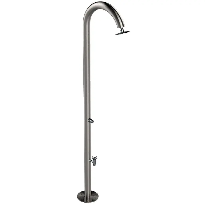 Ideal Eichenwald Pooldusche Modell 35 Gartendusche Nemo - Edelstahl - Außendusche aus gebürstetem Edelstahl mit Kopfbrause, seitlichem Druckknopf und unterem Zapfhahn.