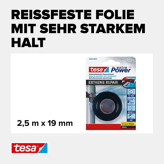 Tesa Extra Power Reparaturband Extreme Repair - 2,5 m x 19 mm, Schwarz, Selbstverschweißend - Schwarzes tesa Power Extreme Repair selbstverschweißendes Reparaturband, 2,5 m x 19 mm, in Verpackung.