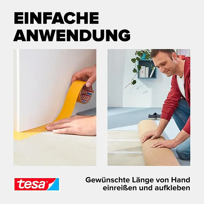 Tesa Doppelseitiges Klebeband Universal - 25 m x 50 mm - Gelbes Tesa-Teppichband auf Boden geklebt, Mann rollt Teppich darüber aus.