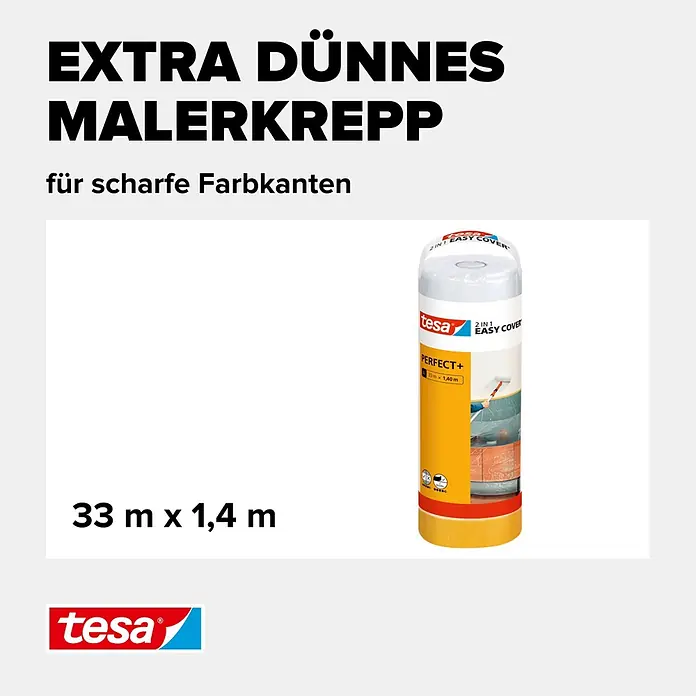 Tesa Abdeckfolie Easy Cover Perfect+ - L x B: 33 m x 140 cm - Extra dünnes tesa Abdeckband mit integrierter Folie, 33m x 1,4m, für scharfe Farbkanten.