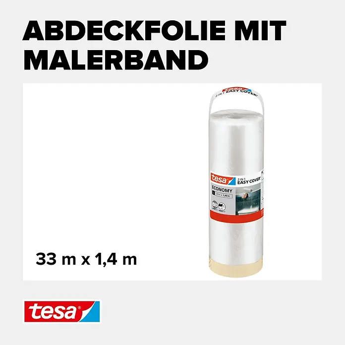 Tesa Abdeckfolie Easy Cover Economy - L x B: 33 m x 140 cm - Rolle tesa Abdeckfolie mit integriertem Malerband, transparent, 33 m x 1,4 m, zum Schutz.