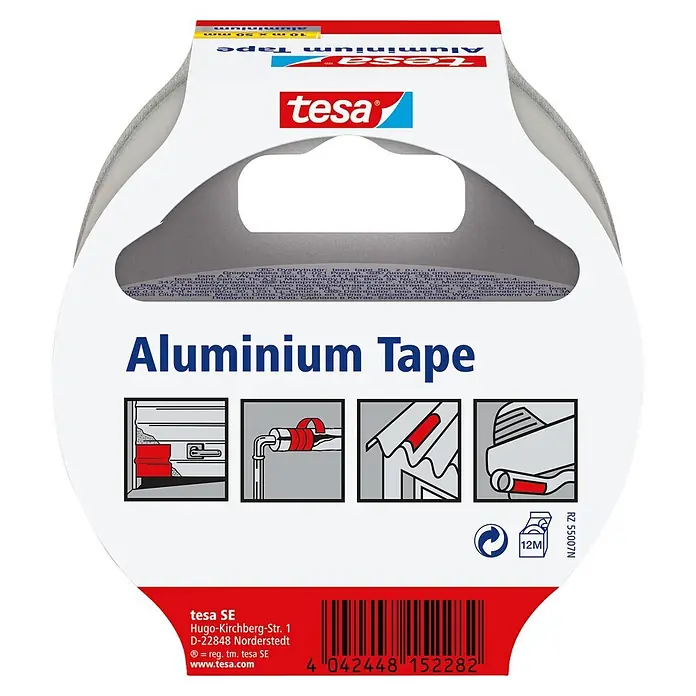 Tesa Aluminiumband - Silber, 10 m x 50 mm - Tesa Aluminium Klebeband auf weiß-roter Verpackung, zeigt Anwendungsbeispiele für Abdichtung und Reparatur.